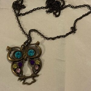 Vintage Owl Pendant Necklace with Multicolor Accents